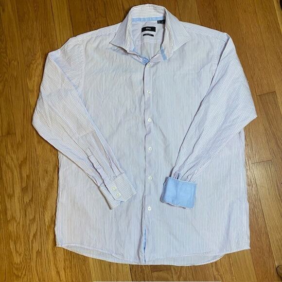 BOSS Hugo Boss Mens Large 16.5 Long Sleeve Button Up Striped White Blue Shirt - Picture 1 of 8
